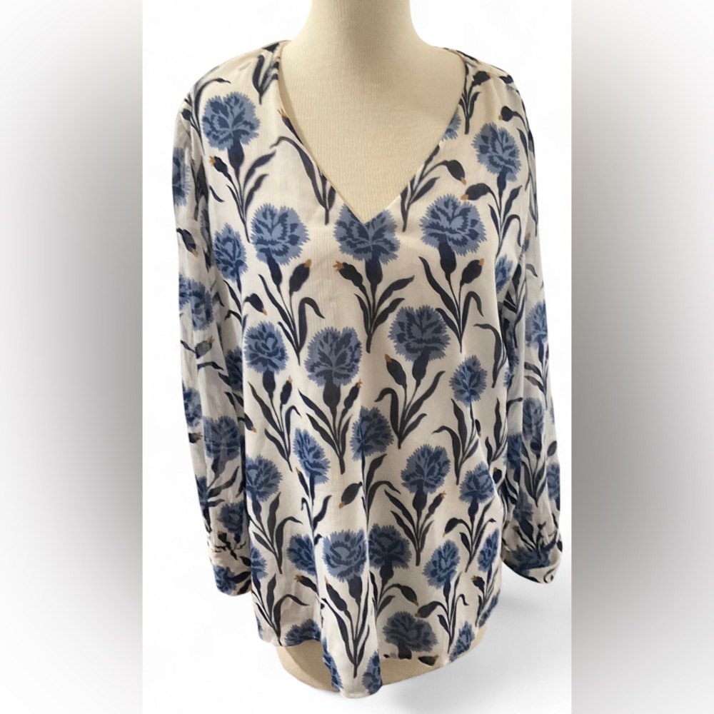 Ann Taylor Blue White Floral Blouse Long Sleeve Business Top Women's Large